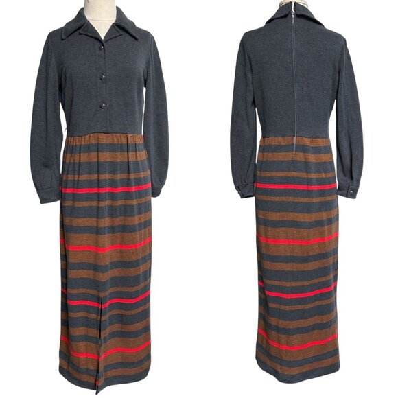 70s vintage maxi shirt dress wool blend pointed collar stripe buttonup Knitique. - Picture 4 of 9